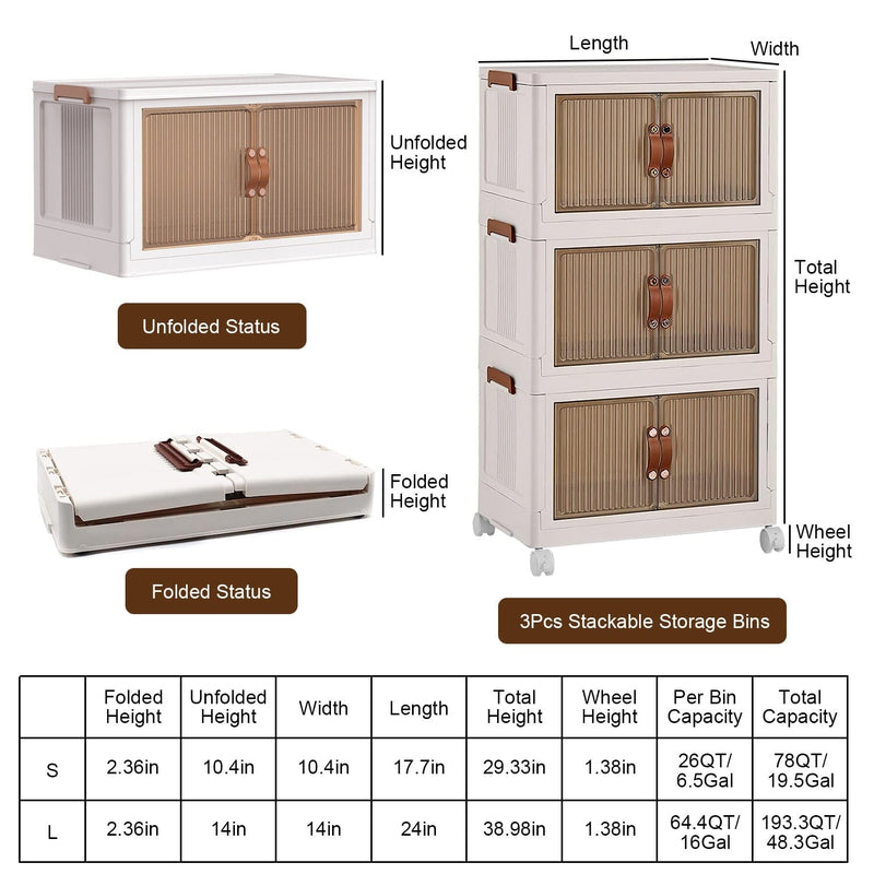 3-Pieces: Foldable Storage Bins with Lid Front Magnetic Door Collapsible Stackable Closet Organizer