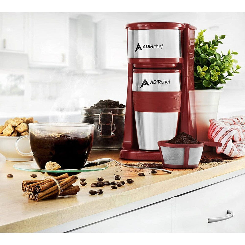 AdirChef Mini Travel Single Serve Coffee Maker & 15 oz. Travel Mug Coffee Tumbler & Reusable Filter