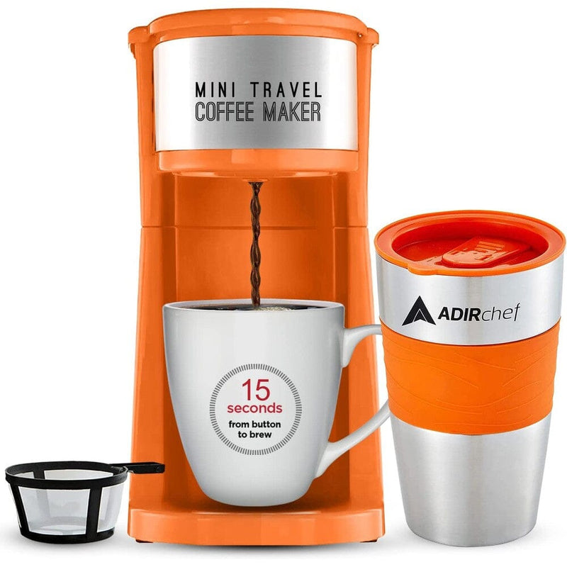 AdirChef Mini Travel Single Serve Coffee Maker & 15 oz. Travel Mug Coffee Tumbler & Reusable Filter