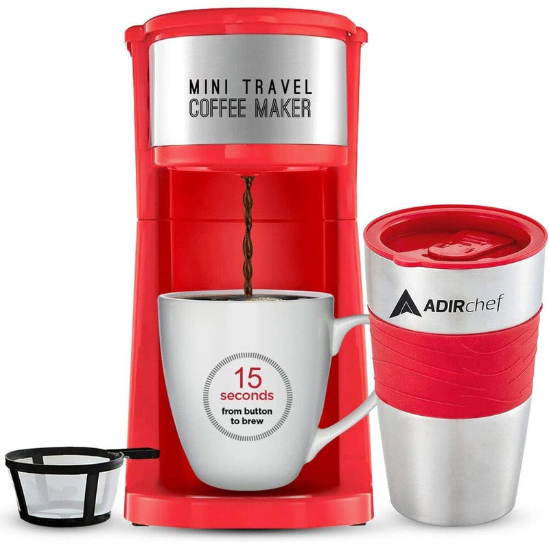 AdirChef Mini Travel Single Serve Coffee Maker & 15 oz. Travel Mug Coffee Tumbler & Reusable Filter