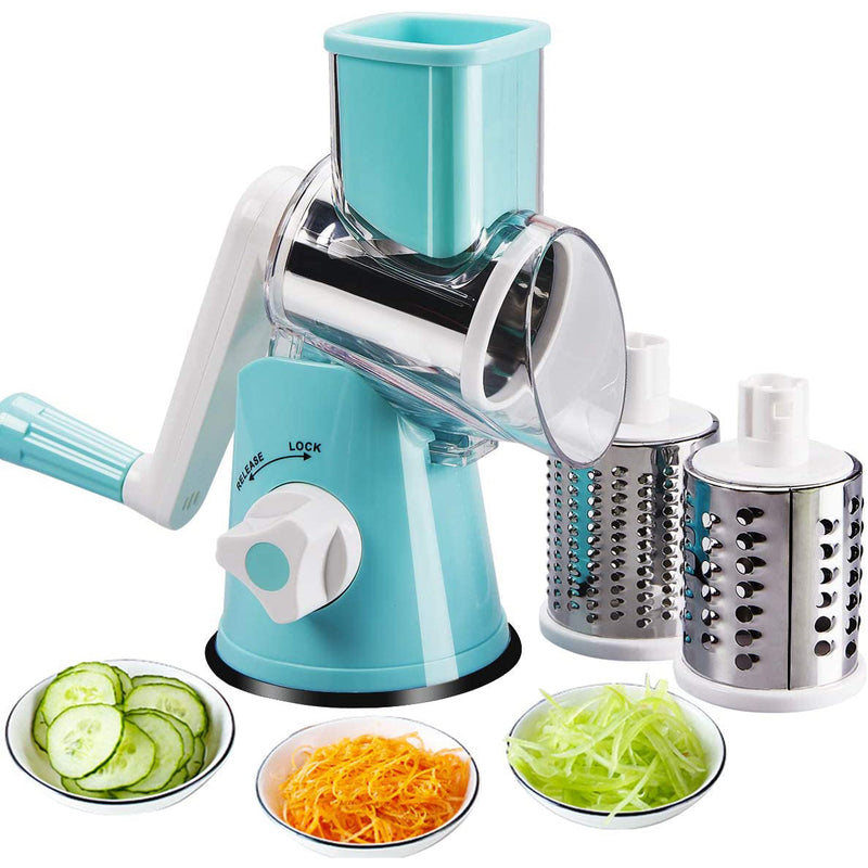 FAVIA Rotary Cheese Grater with Handle - Food Shredder with 3 Stainless Steel Drum Blades