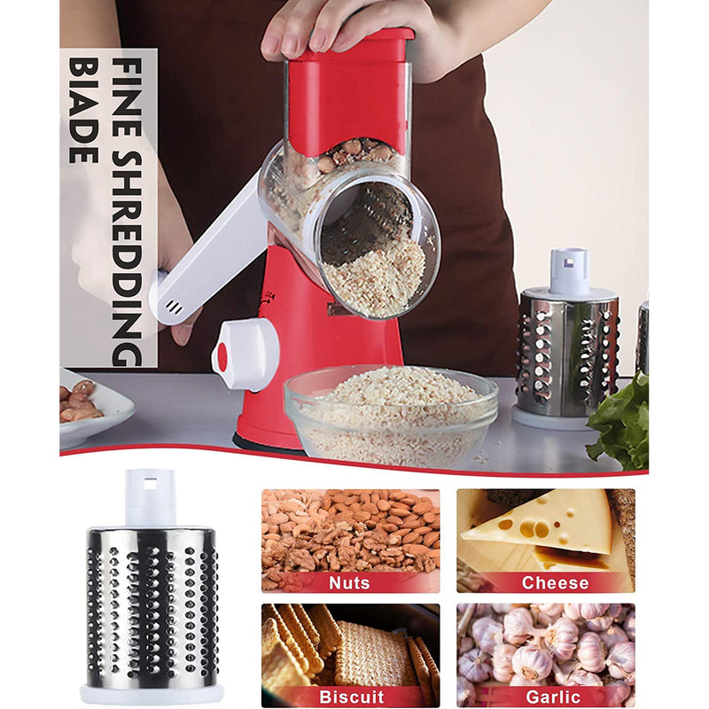 FAVIA Rotary Cheese Grater with Handle - Food Shredder with 3 Stainless Steel Drum Blades